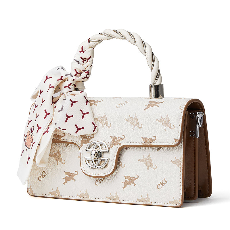 Borsa a spalla a tracolla retrò in vera pelle con decorazione a foulard