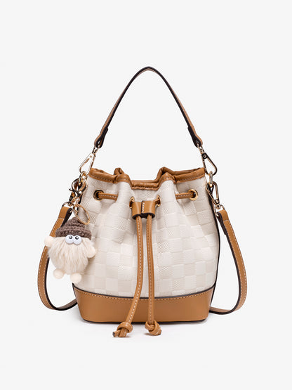 Vintage Checkerboard Vegan Eco-Leather Bucket Clutch Bag with Fluffy Charm