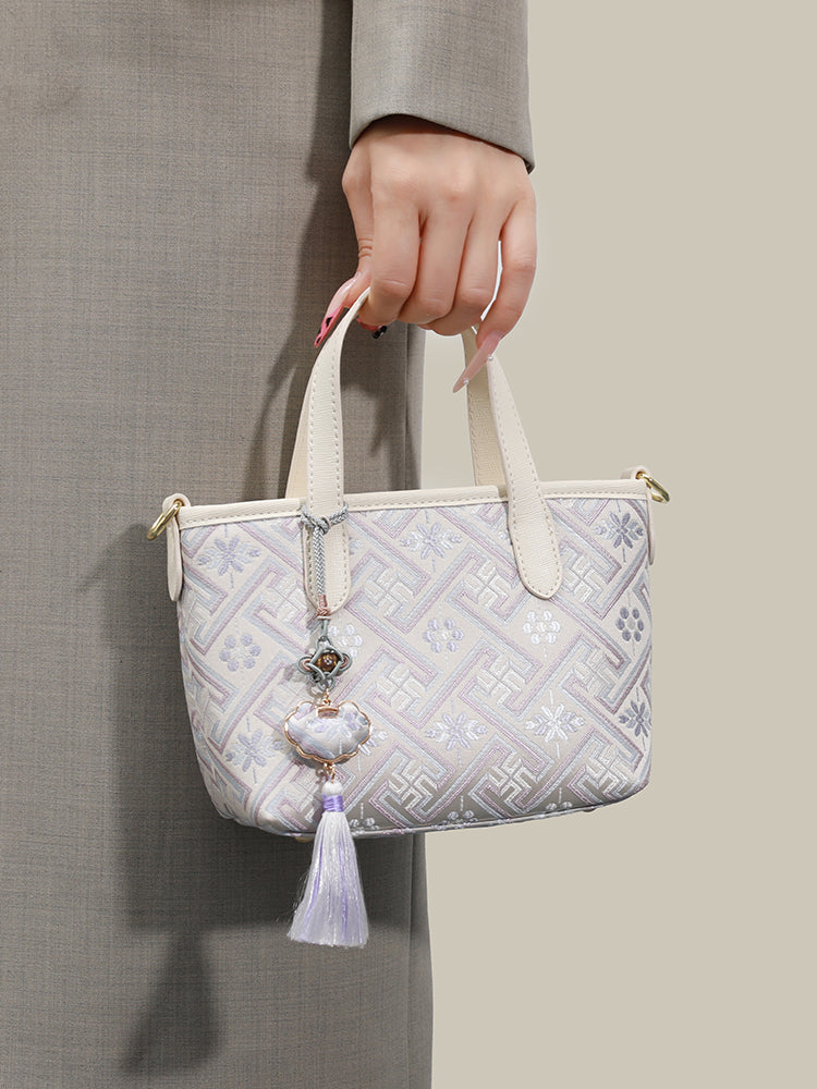 Mellow Oriental Jacquard Vegan Eco-Leather Tote Clutch Bag with Tassel Charm