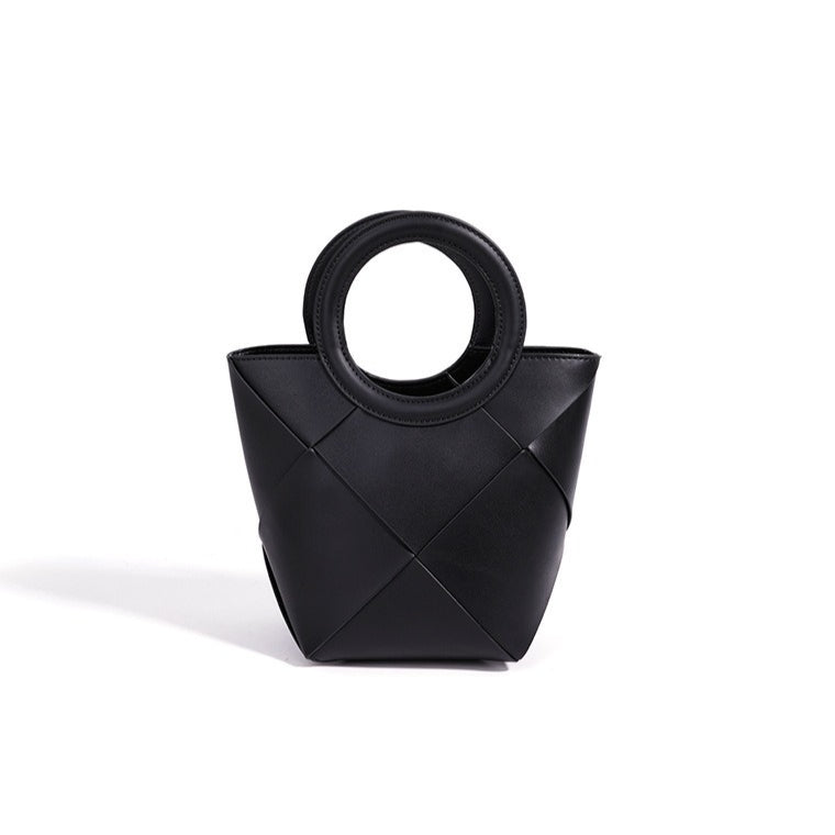 Refined Geometric Woven Genuine Leather Mini Bucket Clutch Bag