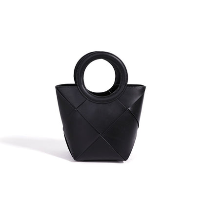 Refined Geometric Woven Genuine Leather Mini Bucket Clutch Bag