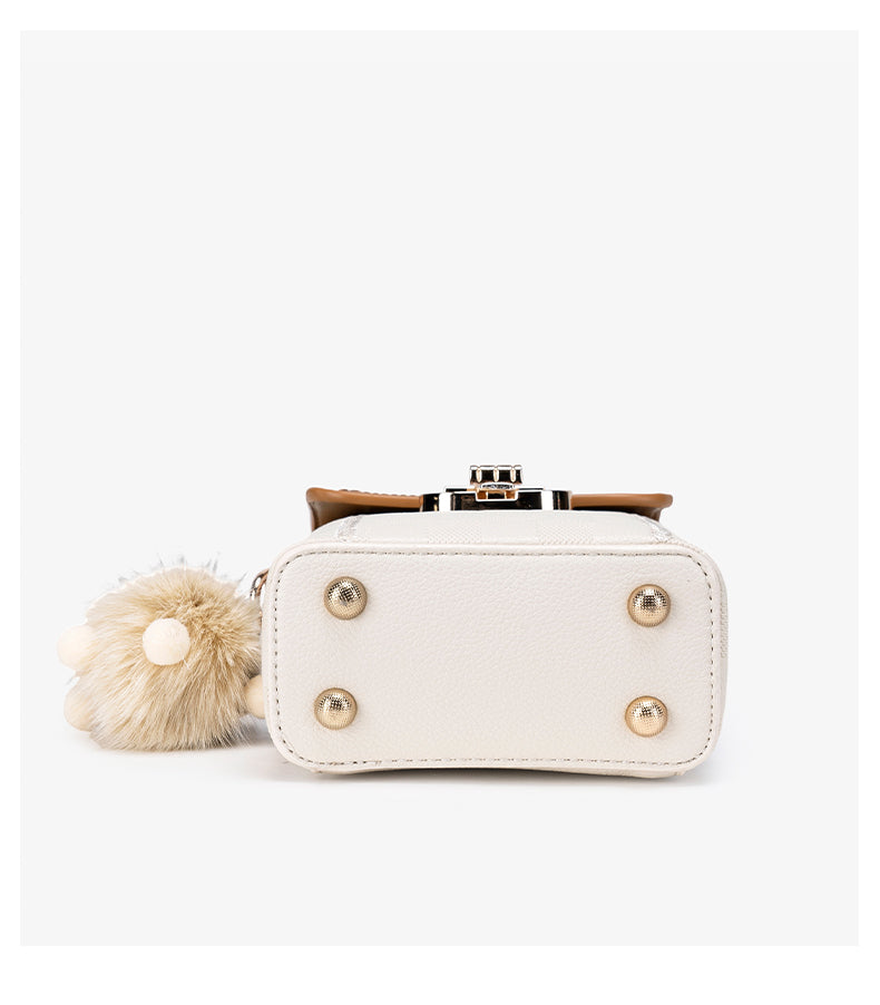 Elegant Color-Block Vegan Eco-Leather Clutch Phone Bag with Fluffy Charm