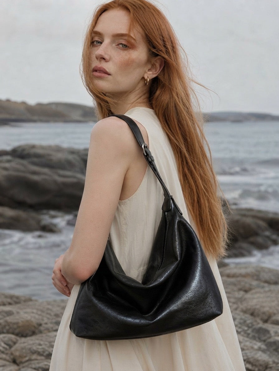 Supple Slouchy Genuine Leather Crescent Hobo Clutch Bag