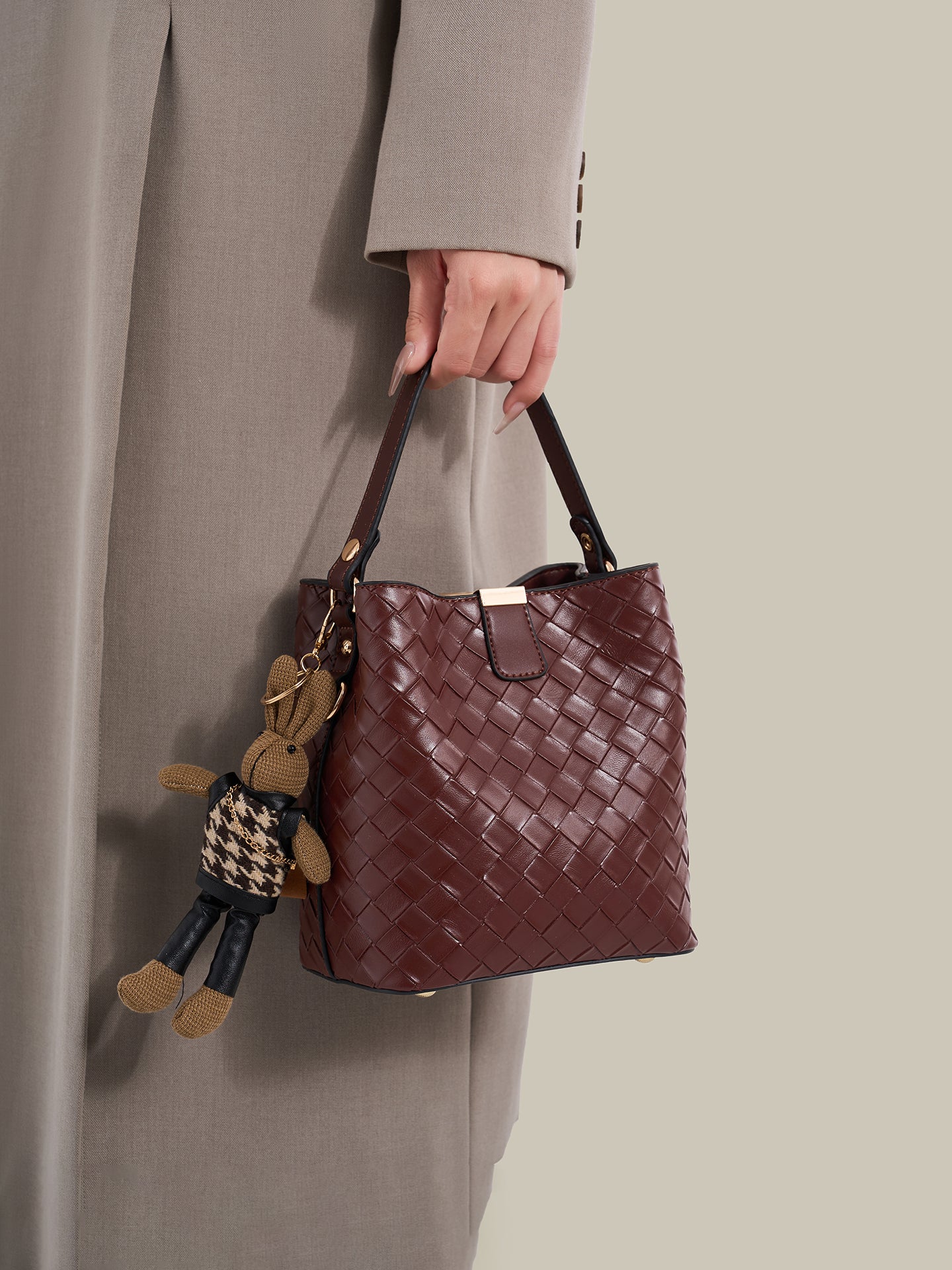 Retro Woven Vegan Eco-Leather Bucket Clutch Bag With Stuffed Bunny Charm
