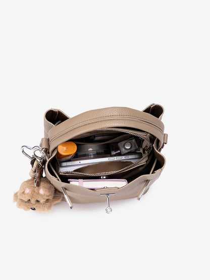 Mellow Pebble Textured Vegan Eco-Leather Bucket Bag with Fluffy Puppy Charm