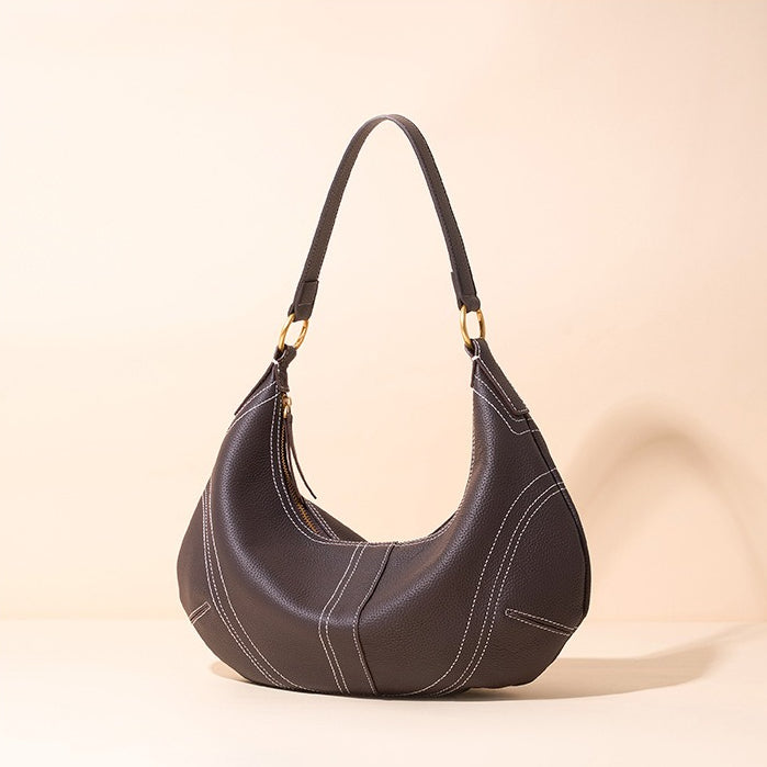 The Pebbled Genuine Leather Hobo Shoulder Bag with Contrast Stitching