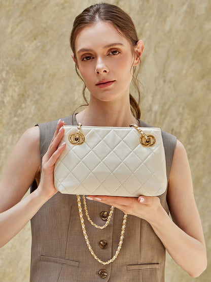 Classic Quilted Sheepskin Genuine Leather Chain Mini Tote Clutch Bag