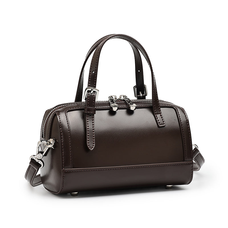 Retro Maillard Genuine Leather Boston Barrel Bag