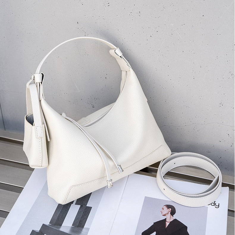 The Ethereal Slouchy Genuine Leather Bag - Minimalist Pebbled Hobo with Mini Pouch