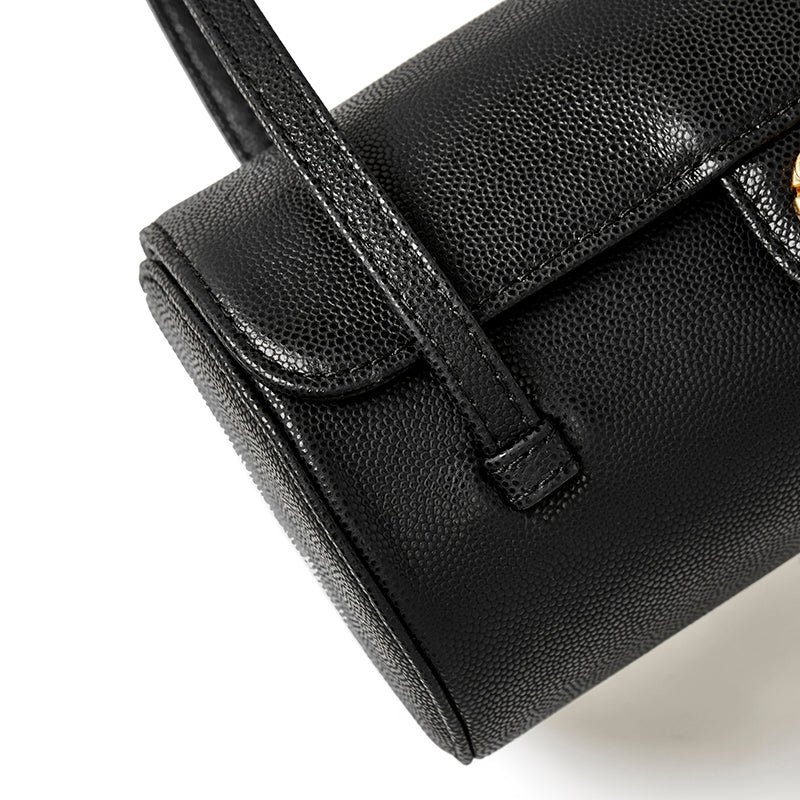 Bolso de mano tipo clutch nostálgico de cuero genuino color caviar, con forma de baguette tubular