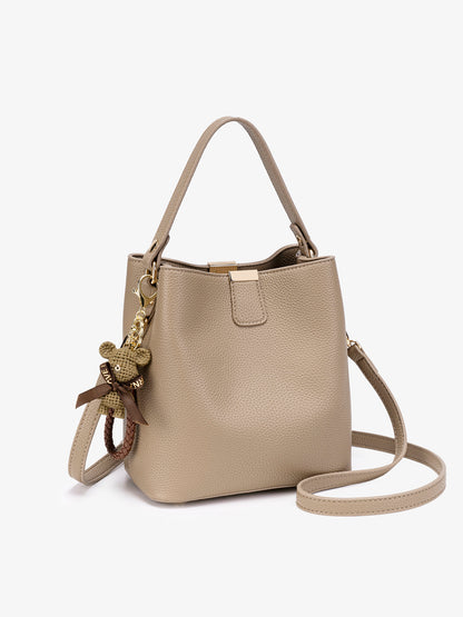 Minimalist Pebbled Vegan Eco-Leather Bucket Clutch Bag with Bear Charm