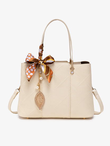 Delicate Vegan Eco-Leather Tote Clutch Bag with Silk Scarf Charm