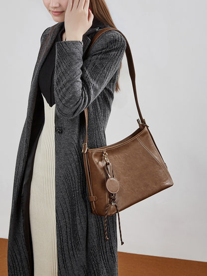 Artisan Stitched Genuine Leather Bag - Vintage Western Shoulder Tote with Tassel