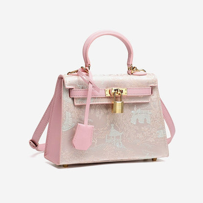 Elegant Oriental Brocade Genuine Leather Kelly Clutch Bag with Charm