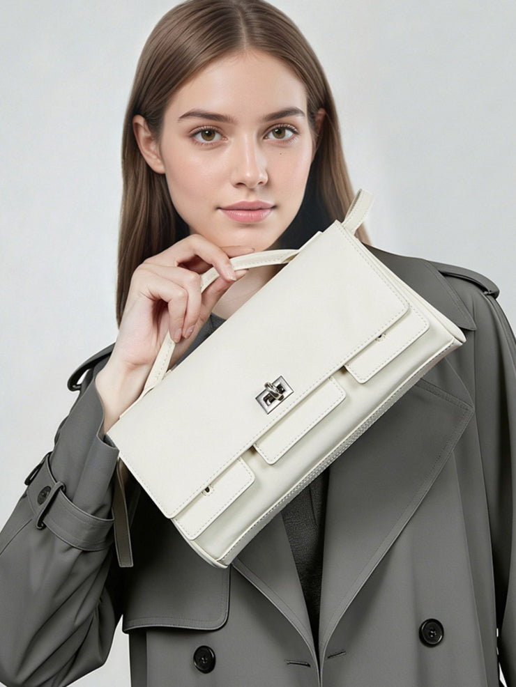 The Linear Turn-Lock Genuine Leather Bag | Minimalist East-West Handbag