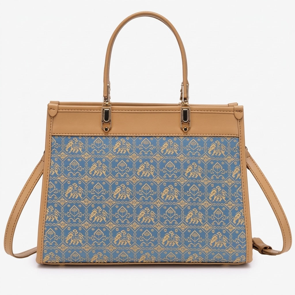 Ornate Geometric Golden Elephant Motif Vegan Eco-Leather Satchel Clutch Bag