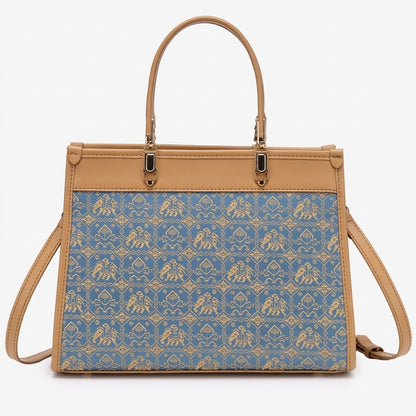Ornate Geometric Golden Elephant Motif Vegan Eco-Leather Satchel Clutch Bag