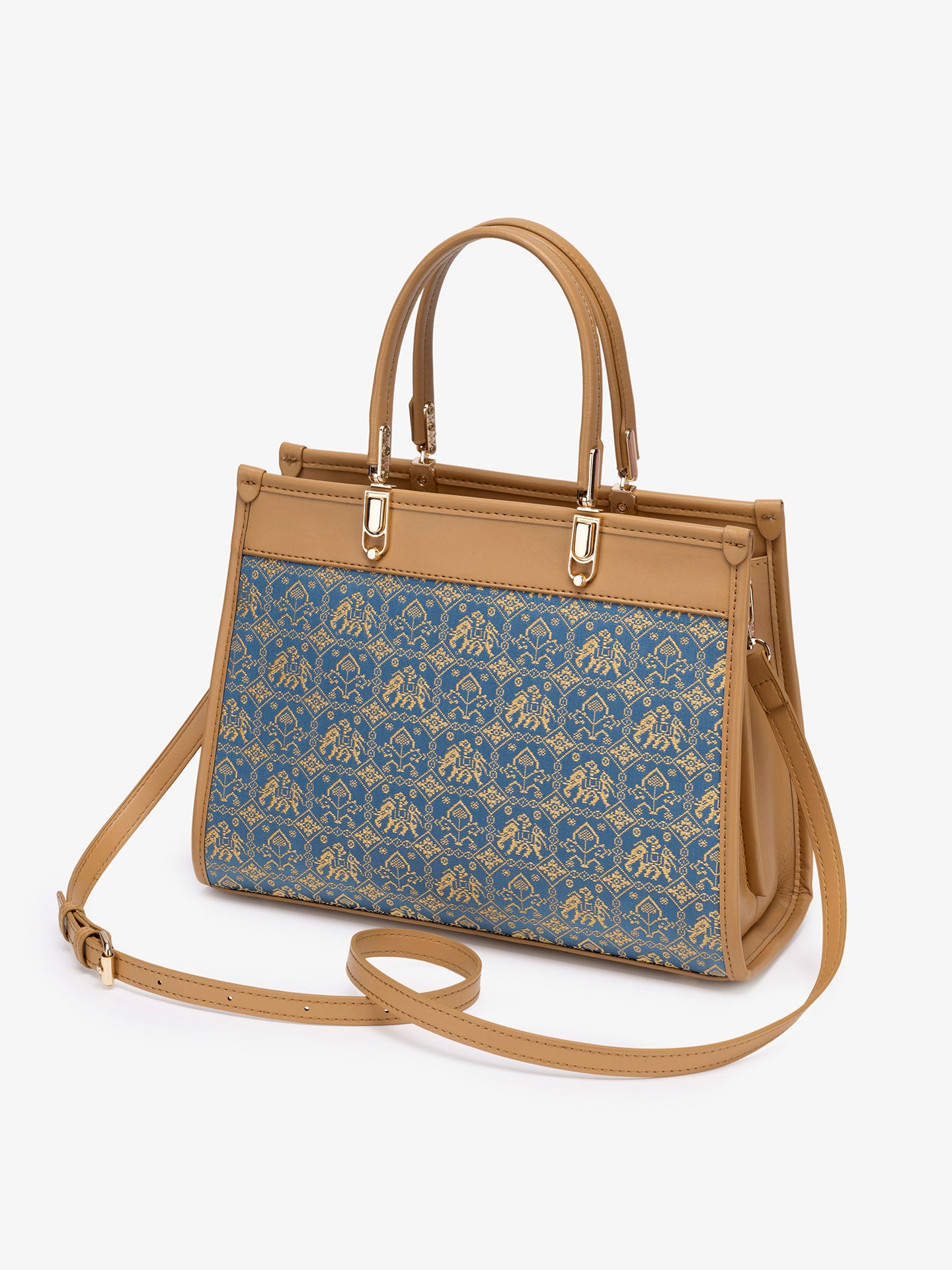 Ornate Geometric Golden Elephant Motif Vegan Eco-Leather Satchel Clutch Bag
