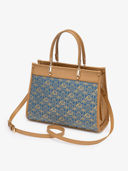 Ornate Geometric Golden Elephant Motif Vegan Eco-Leather Satchel Clutch Bag