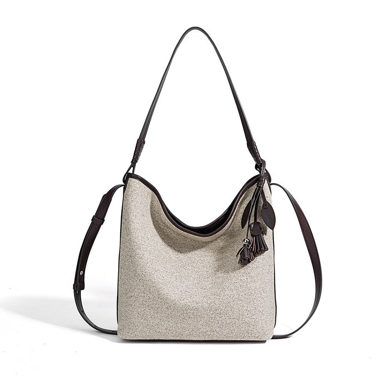Slouchy Canvas Bucket Clutch Bag with Tassel Charm