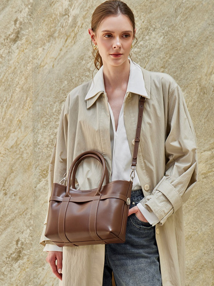 Italian Luxury Plain Genuine Leather Cowhide Large Tote Crossbody Bag