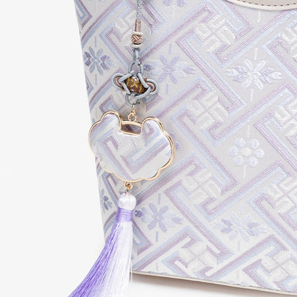 Opulent Brocade Vegan Eco-Leather Bucket Clutch Bag with Tassel Charm
