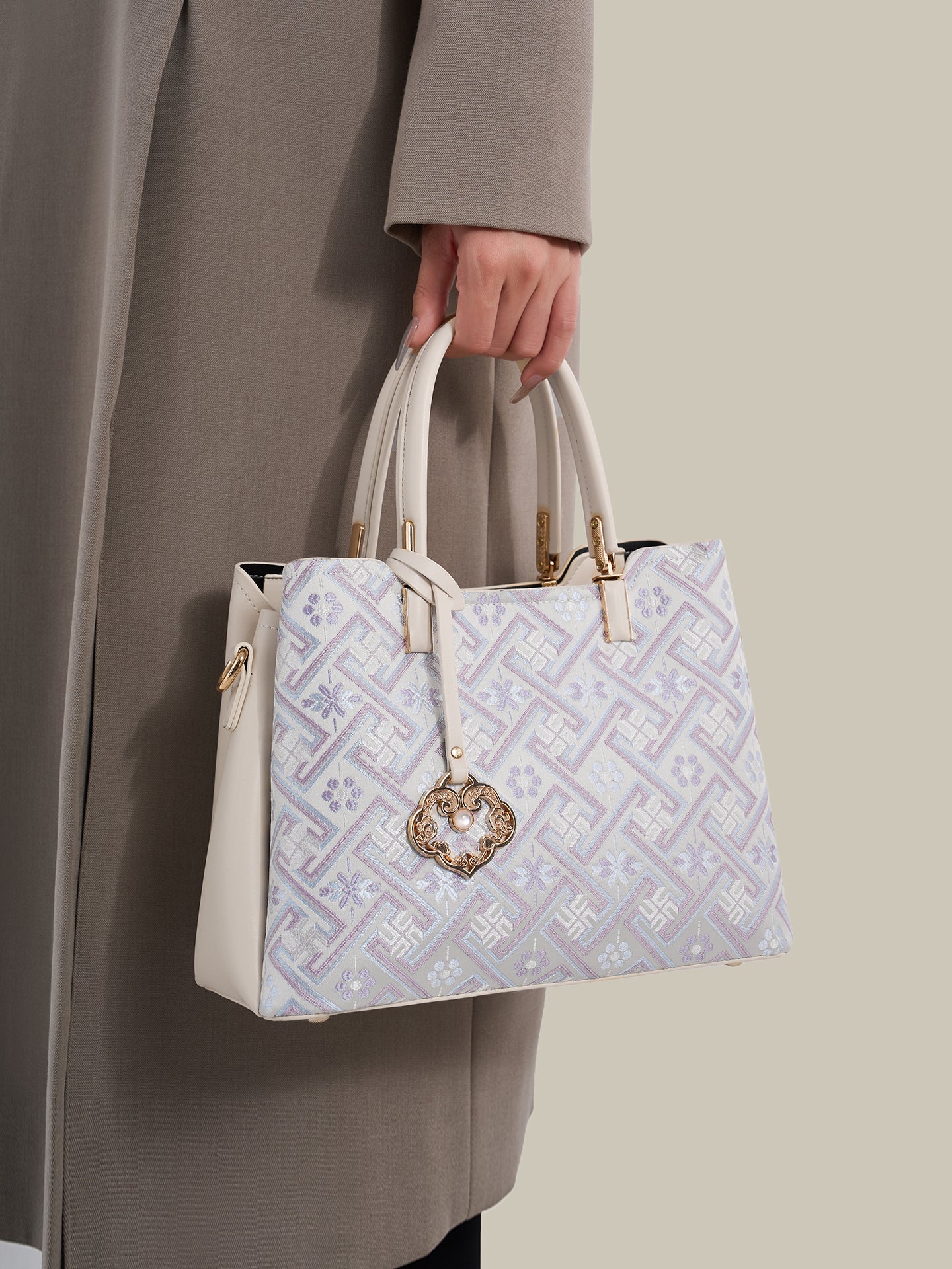 Classic Brocade Vegan Eco-Leather Mini Tote Clutch Bag with Hollow Charm