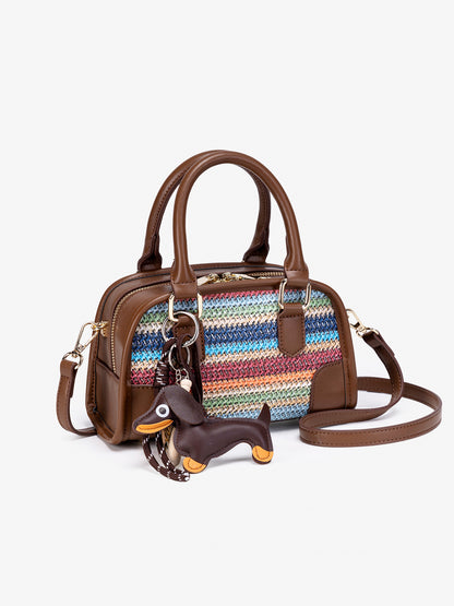Vivacious Rainbow Striped Vegan Eco-leather Boston Clutch Bag with Cute Dachshund Charm