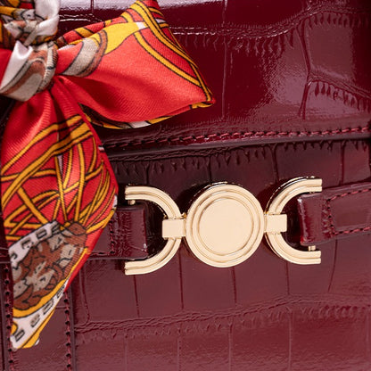 Gentle Glossy Croc Vegan Eco-Leather Satchel Clutch Bag with Silk Scarf Charm