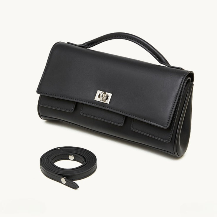 The Linear Turn-Lock Genuine Leather Bag | Minimalist East-West Handbag