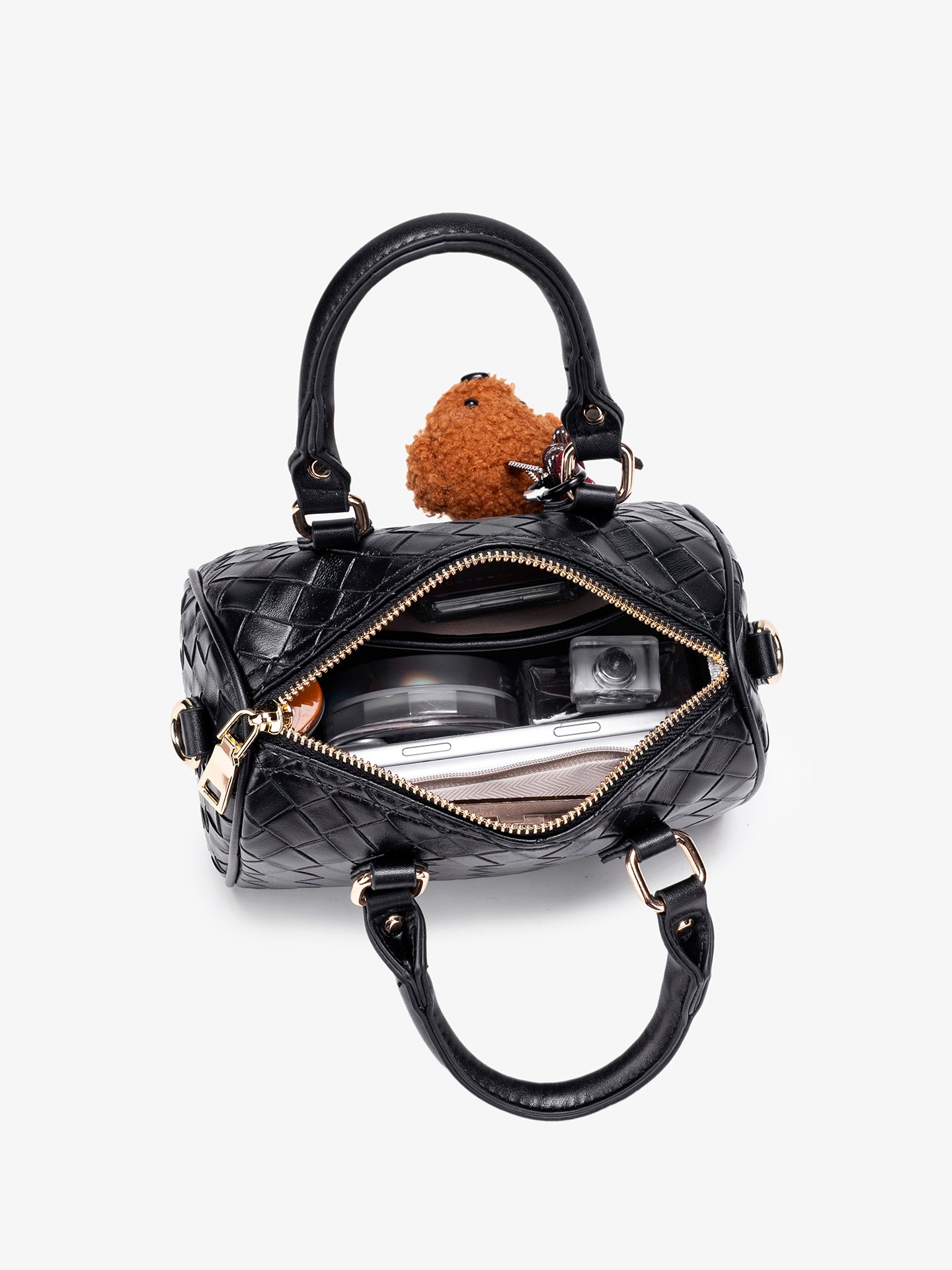 Exquisite Woven Vegan Eco-Leather Boston Clutch Bag with Playful Teddy Charm