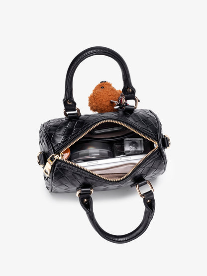 Exquisite Woven Vegan Eco-Leather Boston Clutch Bag with Playful Teddy Charm