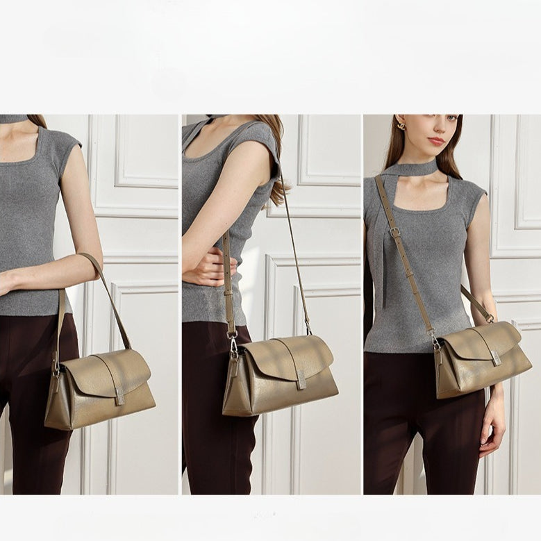 Minimalist Genuine Leather Shoulder Bag with Signature H Buckle