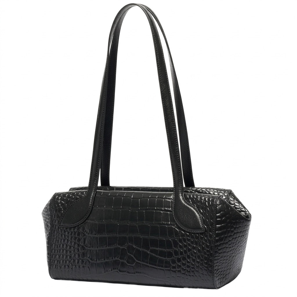 Sleek Luxe Croc Embossed Genuine Leather Bowling Clutch Bag