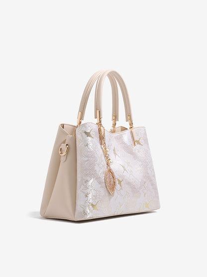 Sophisticated Oriental Jacquard Vegan Eco‑Leather Clutch Bag with Leaf Charm