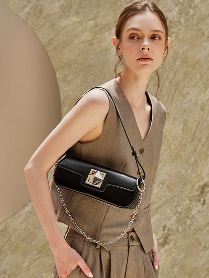Minimalist Smooth Genuine Leather Silver Buckle Baguette Bag