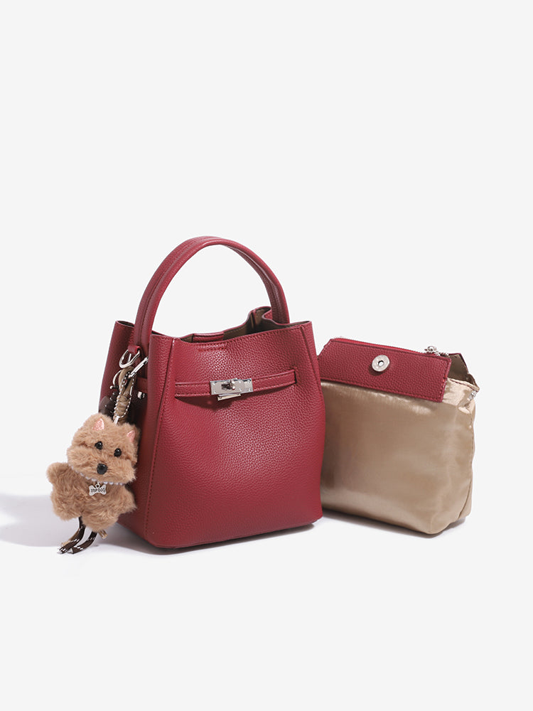 Minimalist Vegan Eco-Leather Mini Bucket Clutch Bag with Lovely Dog Charm