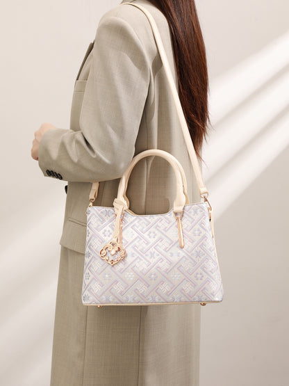 Elegant Jacquard Pattern Vegan Eco-Leather Satchel Clutch Bag with Hollow Lock Charm