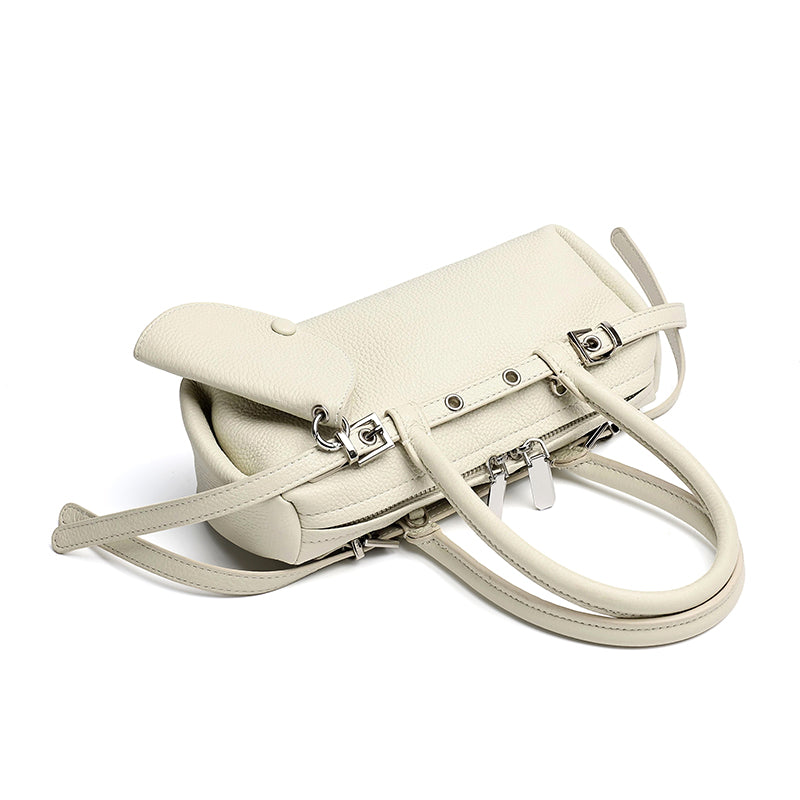 Refined Genuine Leather Petite Boston Clutch Bag with Mini Pouch