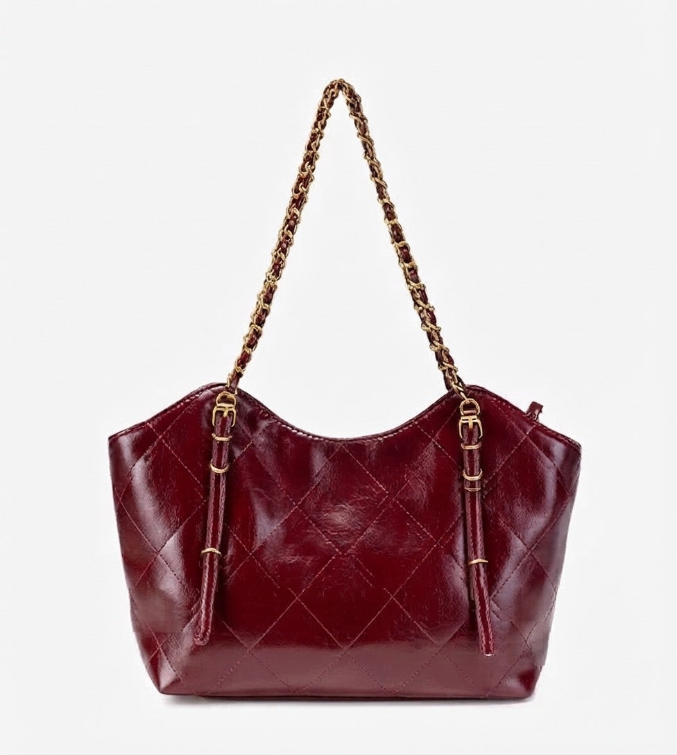 Sculpted Quilted Vegan Eco-Leather Chain Tote Bag