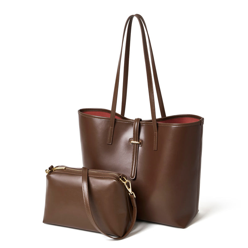Set di ampie borse tote semplici in vera pelle, minimaliste, da spalla