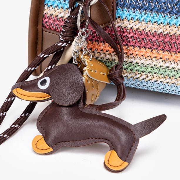 Vivacious Rainbow Striped Vegan Eco-leather Boston Clutch Bag with Cute Dachshund Charm