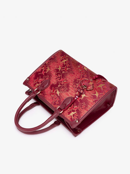Vintage Crane Vegan Eco-Leather Satchel Clutch Bag with Tassel Charm