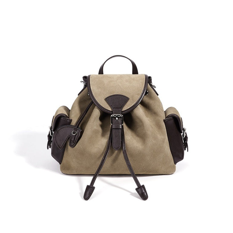 Vintage Suede Genuine Leather Flap Drawstring Backpack