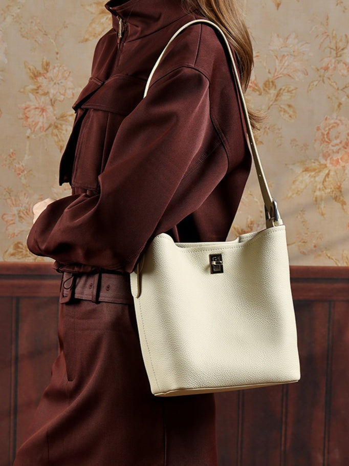 Sculpted Genuine Leather Medium Bucket Bag with Clean Linear Topstitching