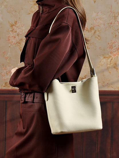 Sculpted Genuine Leather Medium Bucket Bag with Clean Linear Topstitching