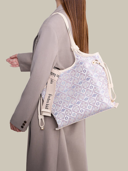 Elegant Oriental Embroidery Vegan Eco-Leather Tote Clutch Bag with Charm