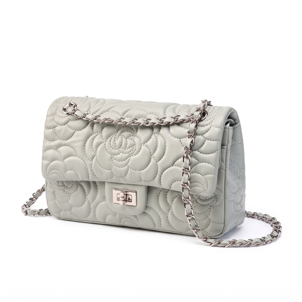 Geantă crossbody matlasată pentru femei, din piele naturală de oaie, cu lanț și model Camellia