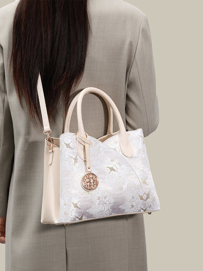 Elegant Flying Crane Motif Vegan Eco-Leather Tote Clutch Bag with Hollow Metal Charm