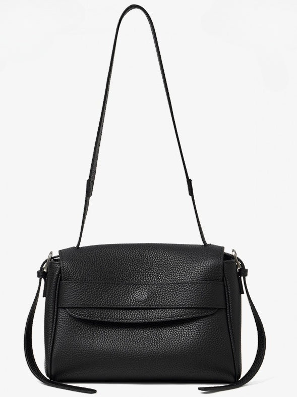 Sac bandoulière à rabat en cuir véritable grain litchi avec bandoulière réglable